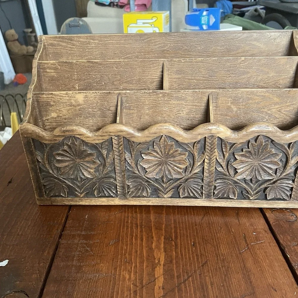 Vintage Lerner Floral Carved Faux Wood Letter Holder Mail Organizer Storage Desk